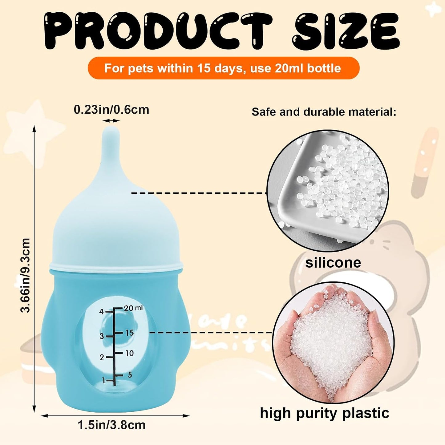 Holdes kitten nursing bottles with two pieces of soft replacement silicone nipples.