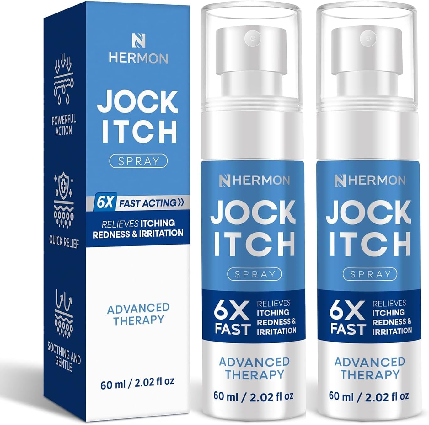 Hermon Jock Itch Spray for Men front view of twin pack bottles for antifungal groin relief.