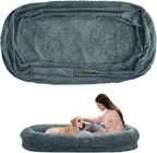 ChiXnuggle human dog bed cover in grey front view showcasing luxury chevron faux fur texture.