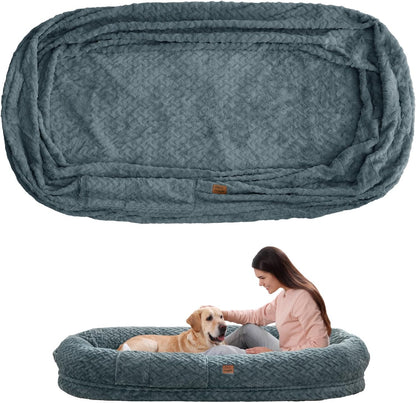ChiXnuggle human dog bed cover in grey front view showcasing luxury chevron faux fur texture.