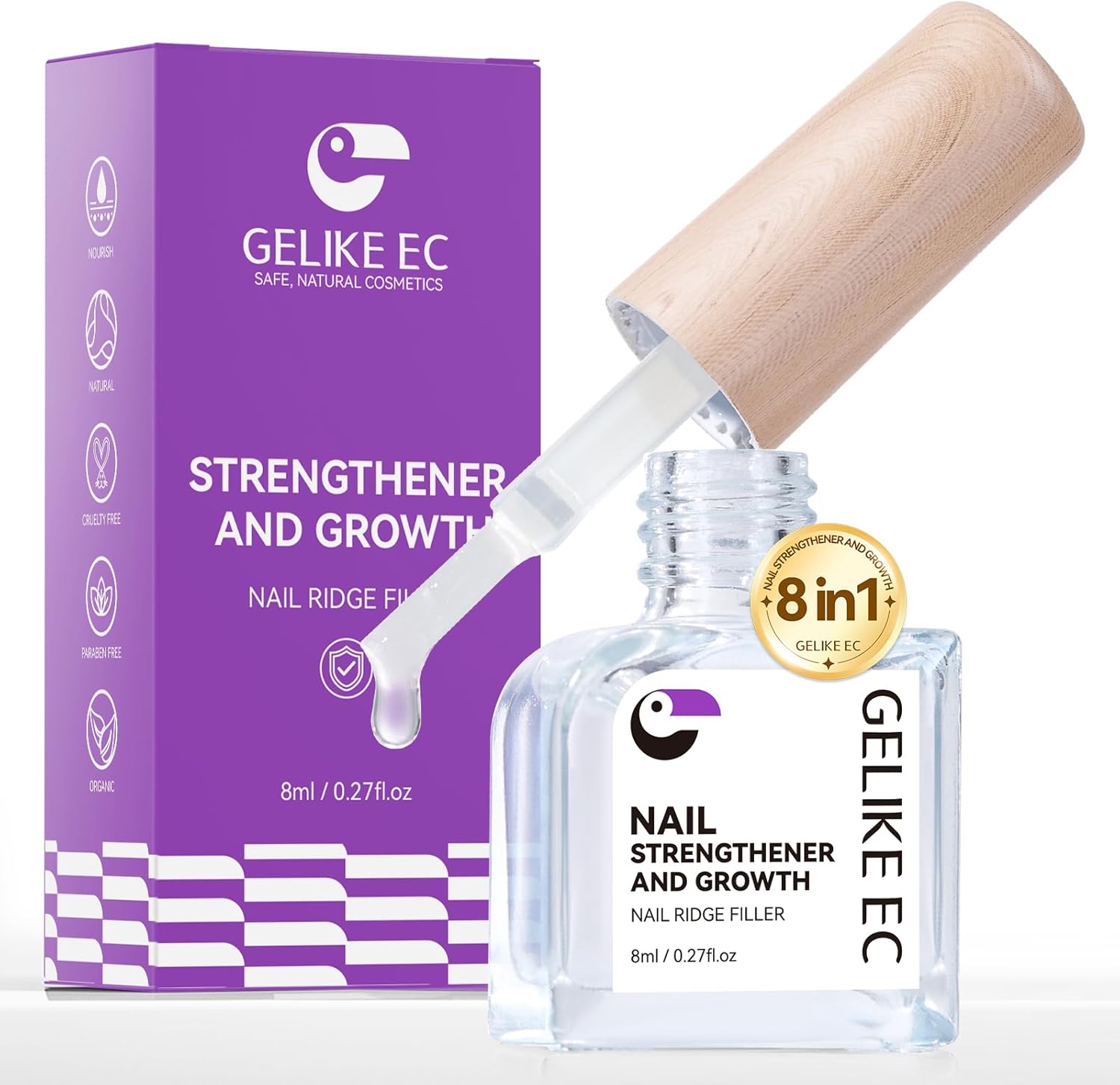Gelike Ec 8 in 1 Nail Ridge Filler and strengthener bottle front view showing clear treatment liquid.