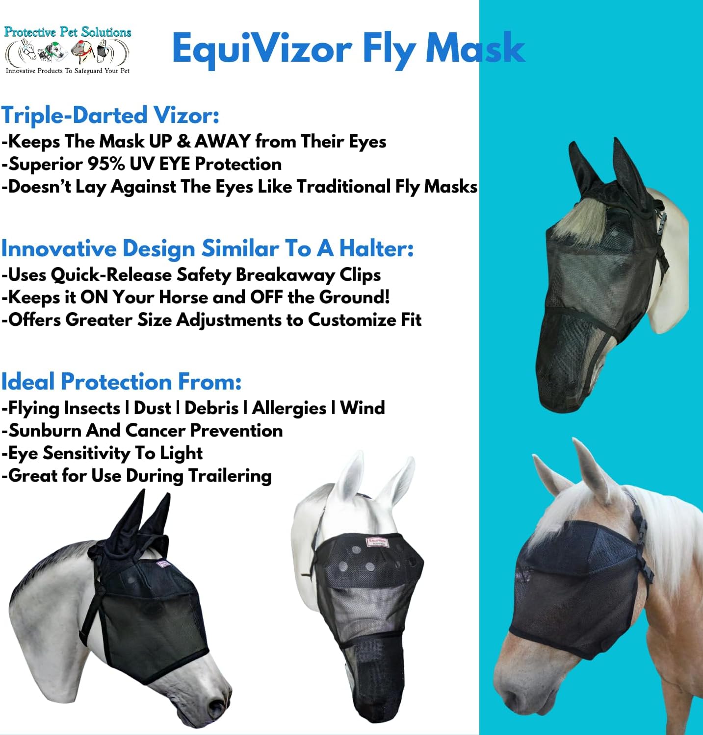 Side profile of EquiVizor fly mask showing ear and eye coverage