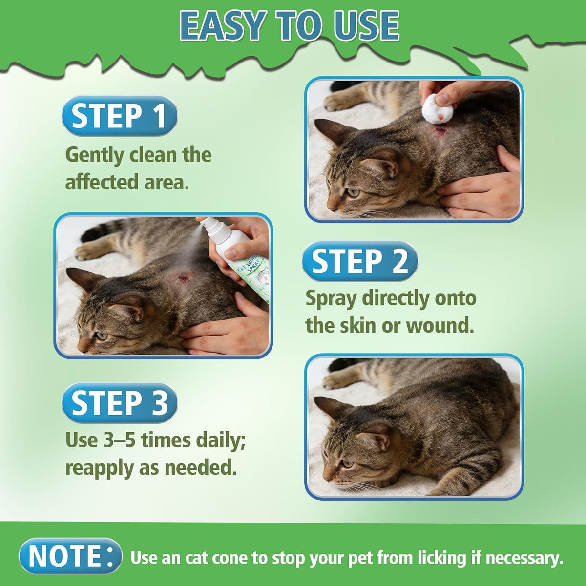Cat wound infection care spray bottle back label showing application details