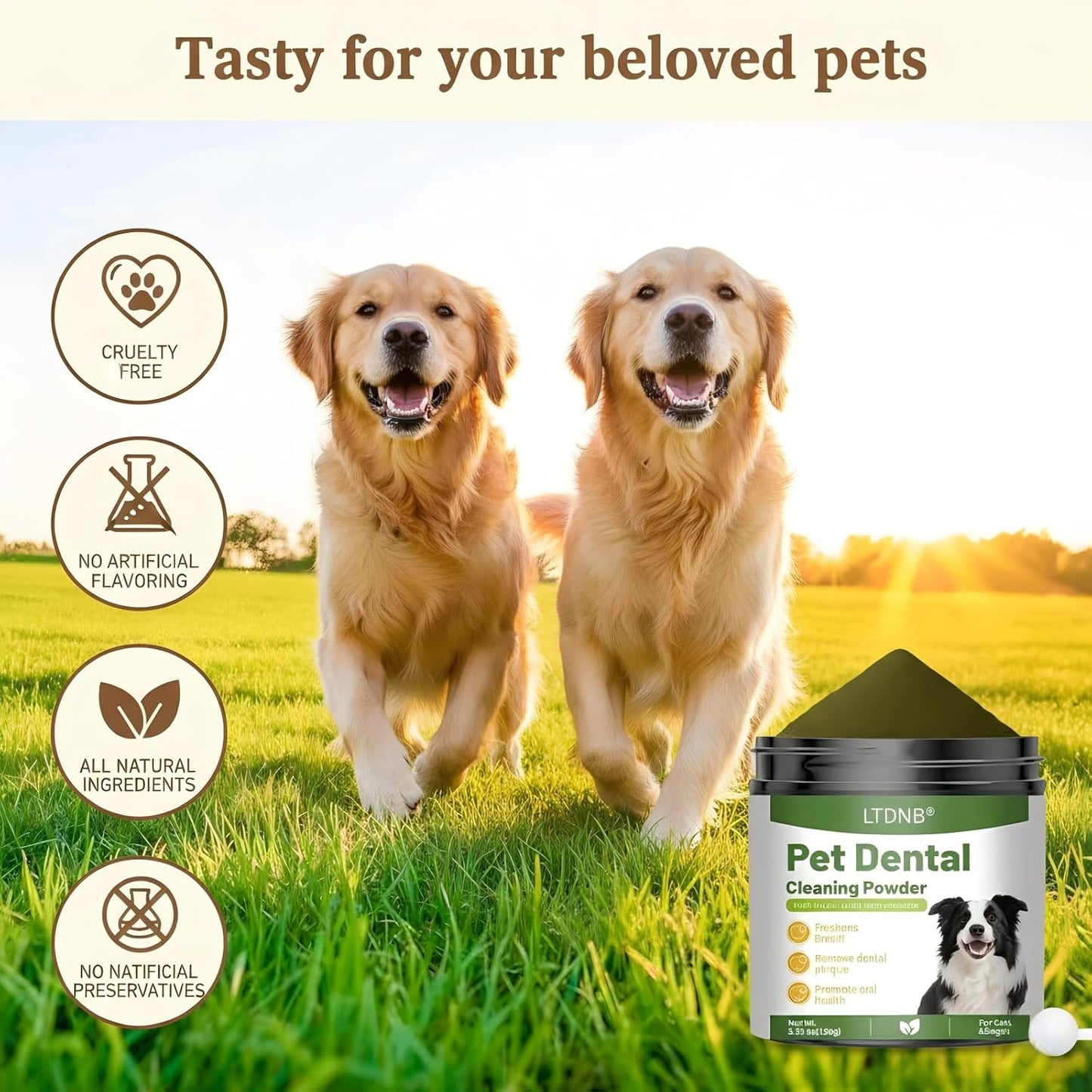 Dog bad breath treatment powder container for daily tartar reduction
