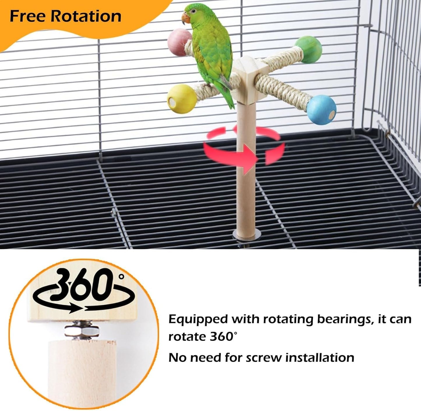 Close up view of the interactive rotating bearing and colorful beads on the bird exercise wheel