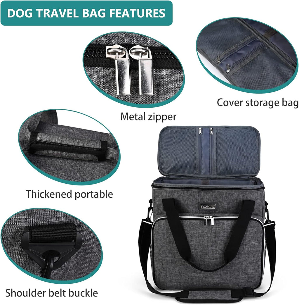 BAGLHER airline approved dog bag with two collapsible silicone bowls extended.