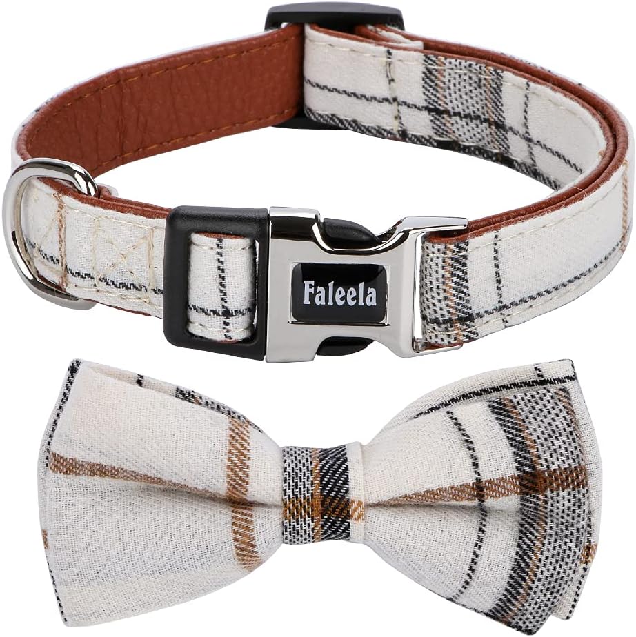 Faleela beige bowtie dog collar front view