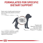 Close up view of the rehydratable kibble text on the Royal Canin Veterinary Diet puppy food bag