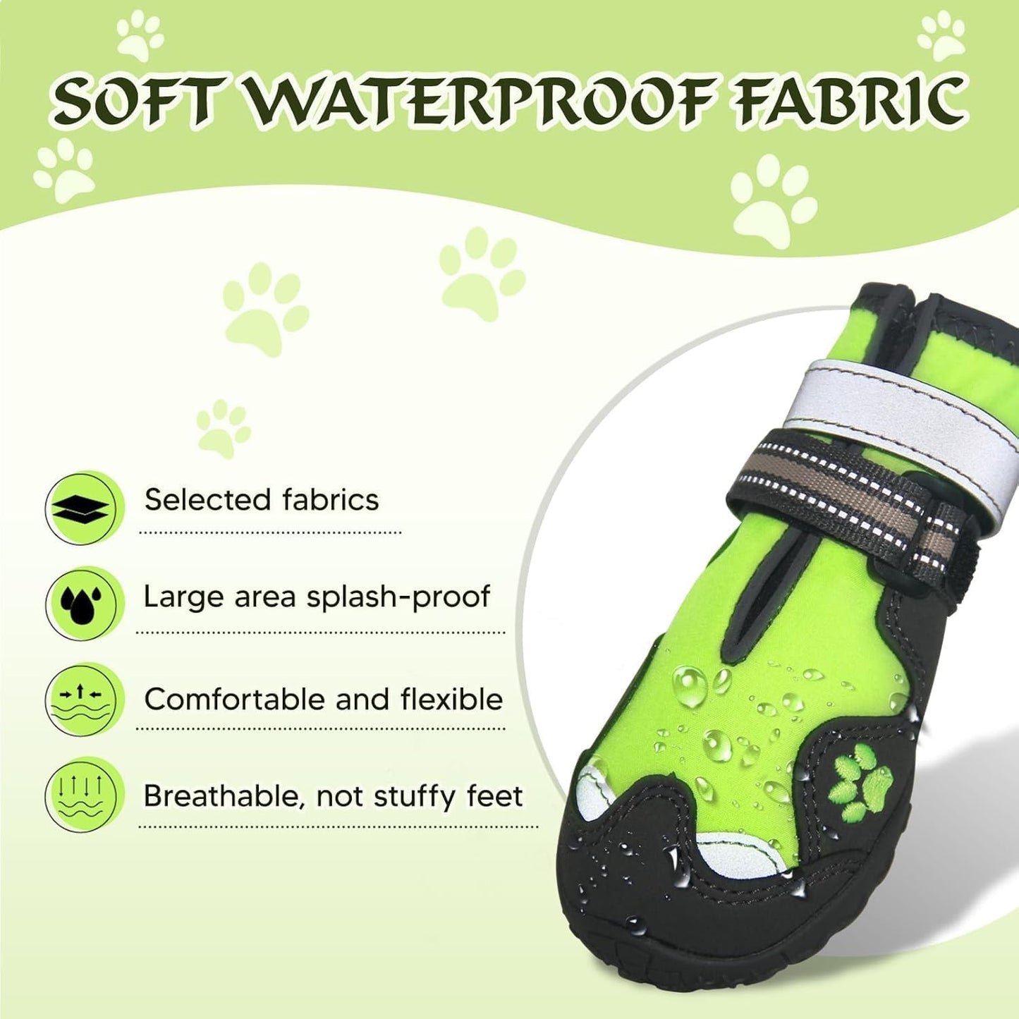 Large dog wearing green paw protectors outdoors
