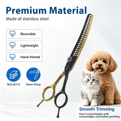 Hyzrqwyw pet grooming scissors highlighting the ergonomic offset handle design for comfortable grip.