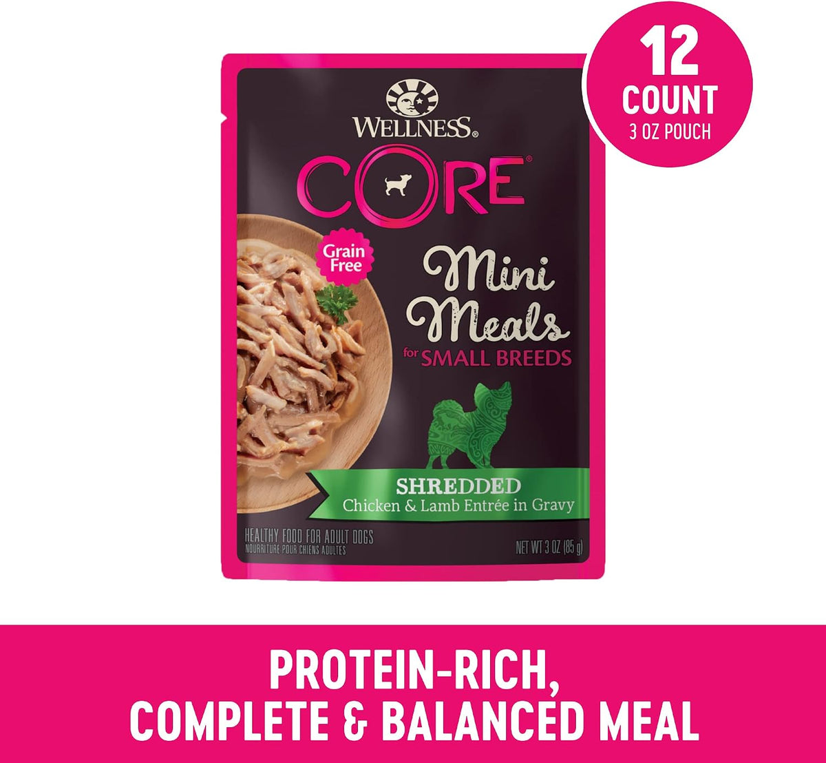 Close up of Wellness CORE shredded chicken and lamb gravy dog food pouch