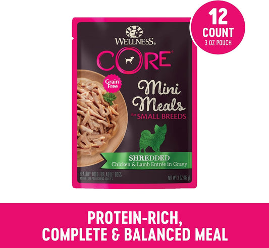 Close up of Wellness CORE shredded chicken and lamb gravy dog food pouch