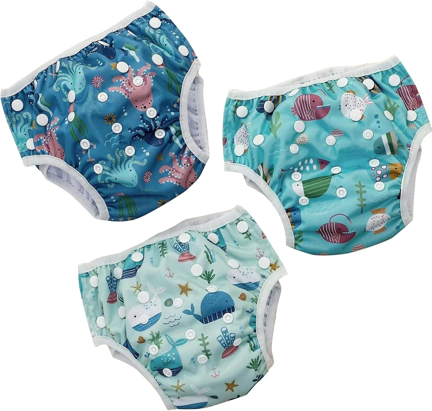 Happy Flute reusable infant swim diaper front view ocean blue pattern