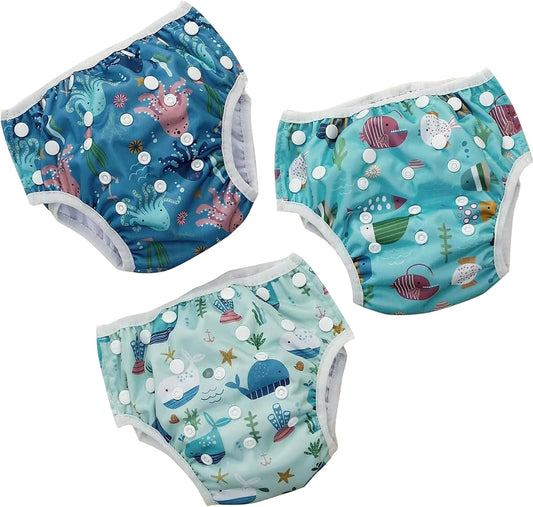 Happy Flute reusable infant swim diaper front view ocean blue pattern