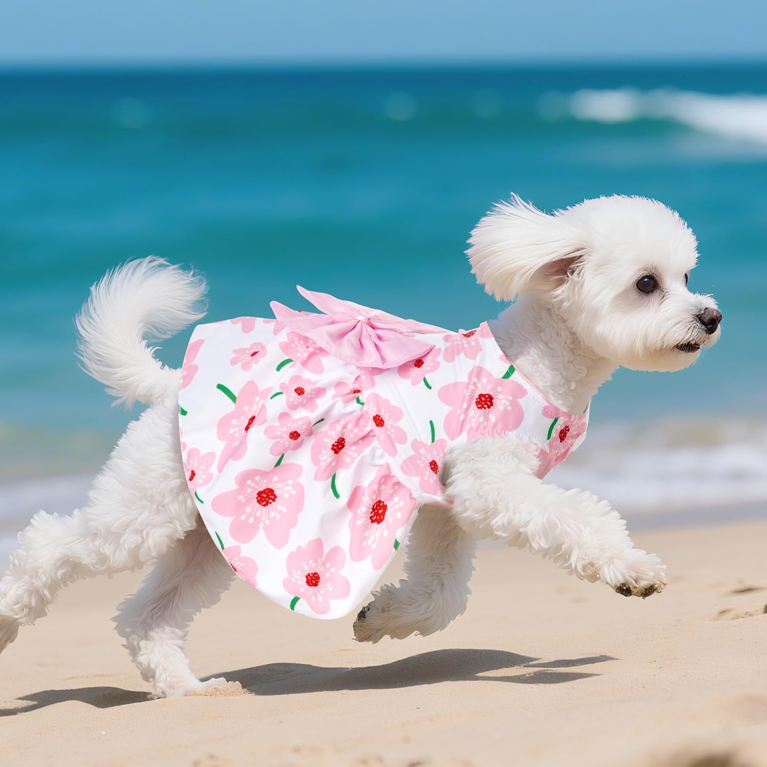 Close up shot of the large pink bow decoration on the back of the choyaxo dog dress.