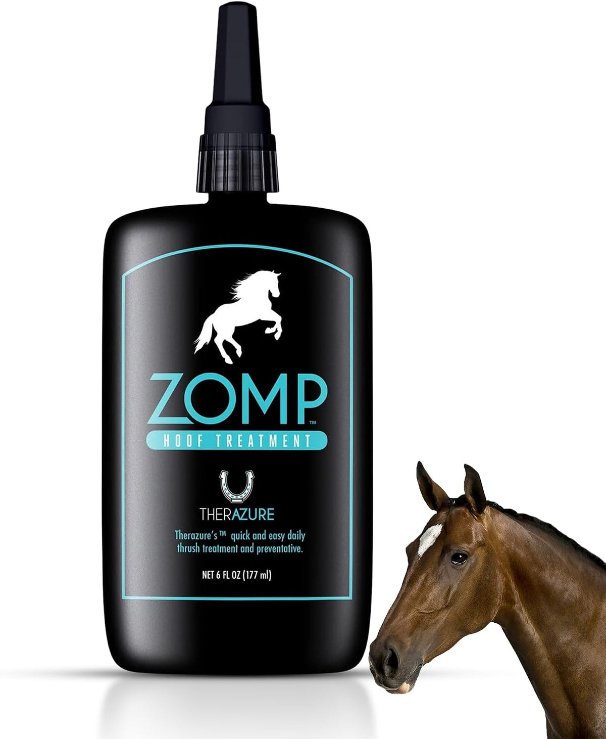 Therazure Zomp Liquid Hoof Thrush Treatment front view bottle for equine care.