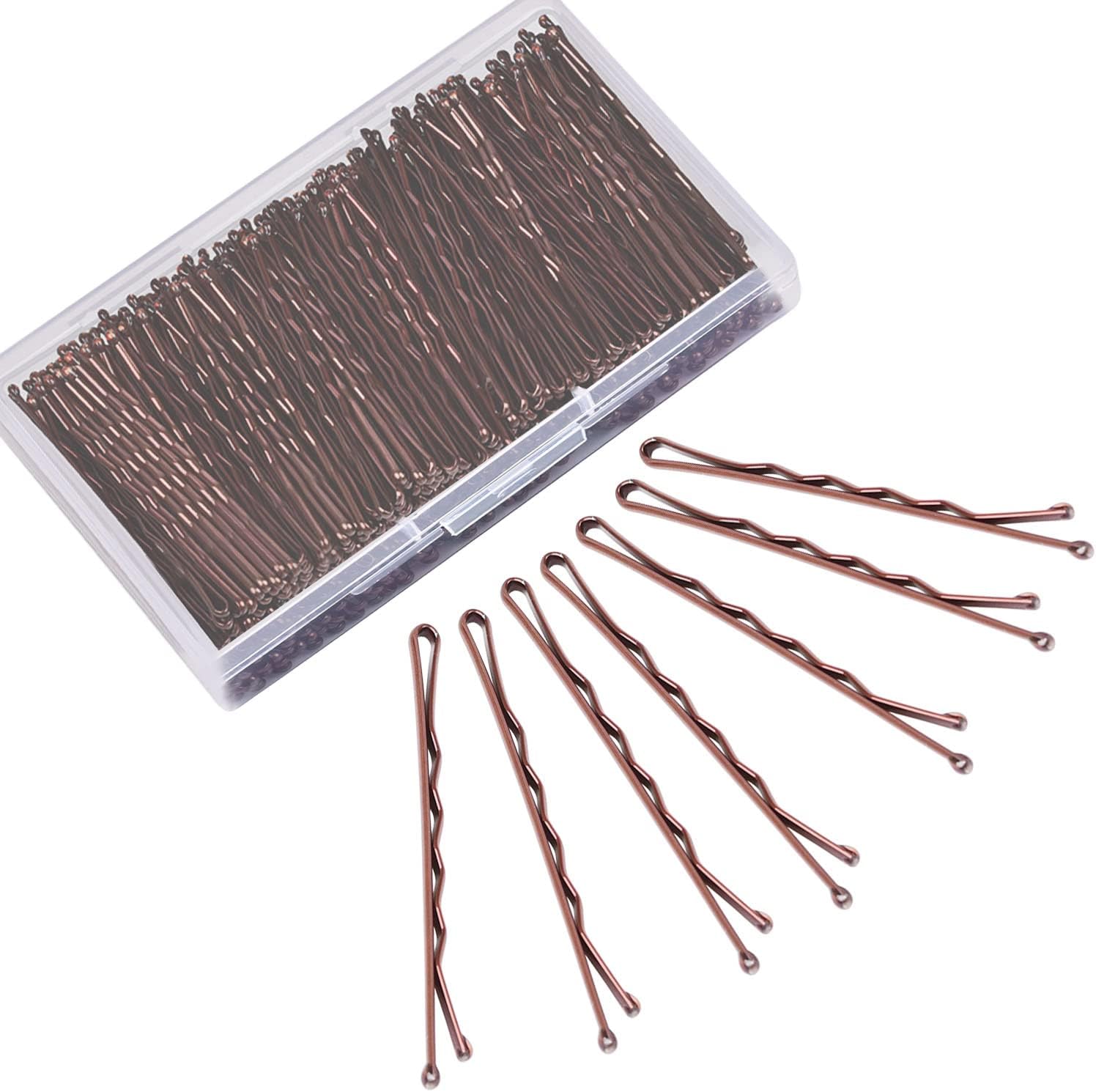 Morgles brown bobby pins front view showing the clear storage box filled with hair pins.