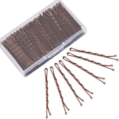 Morgles brown bobby pins front view showing the clear storage box filled with hair pins.