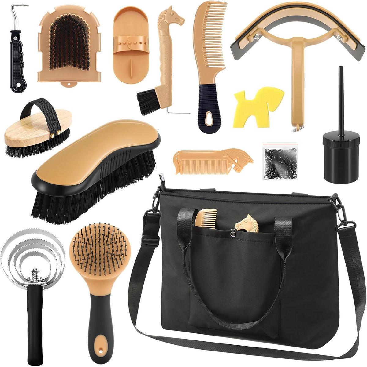 Abbylike 15 Pieces Horse Grooming Kit with Organizer Tote Bag Tack Room Supplies Horse Brush Sets Care Equine Cleaning Kit Shedding Grooming Massaging Tools (Beige) - Image 9