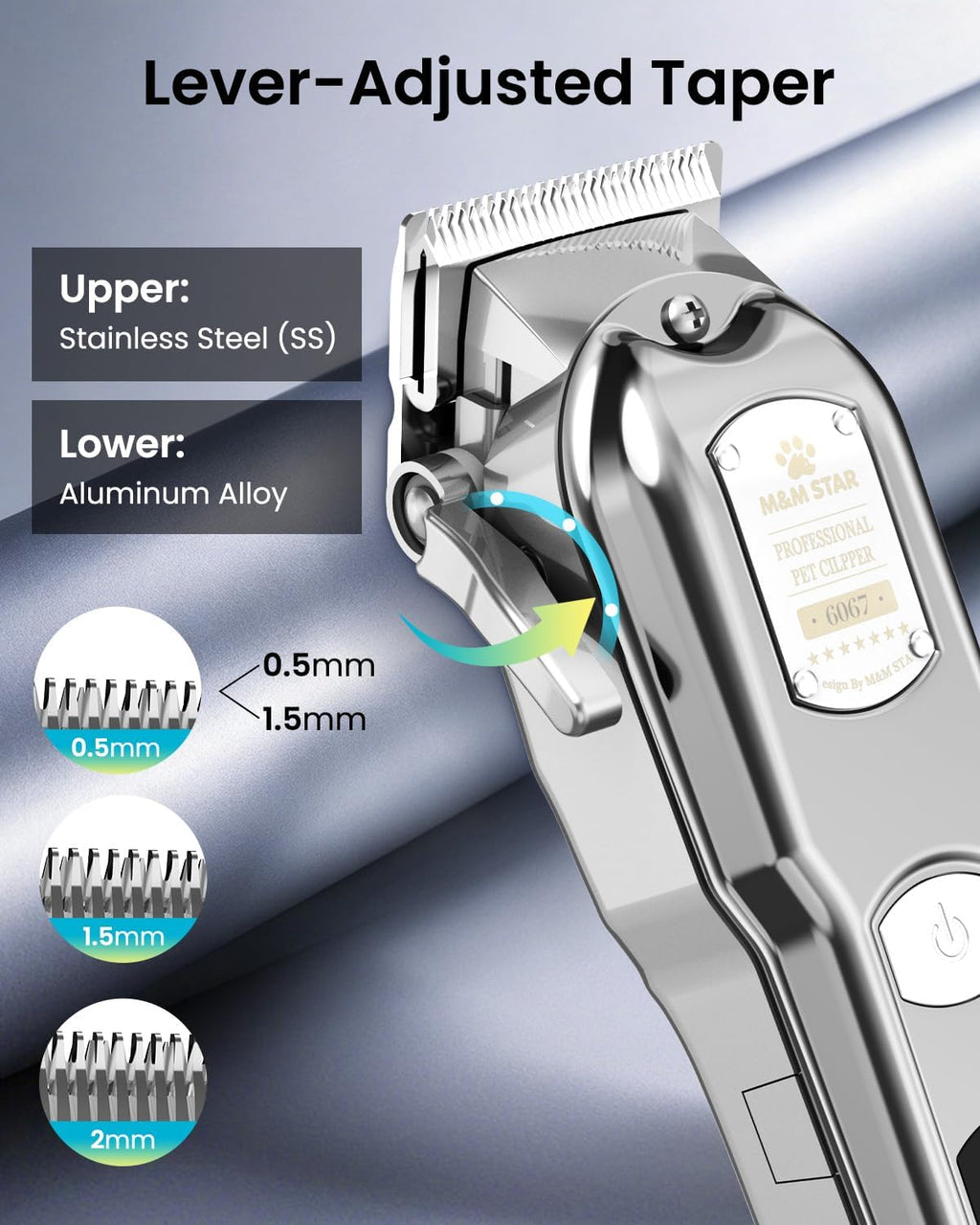 Stainless steel blade close up on the M&M STAR low noise rechargeable dog clipper.