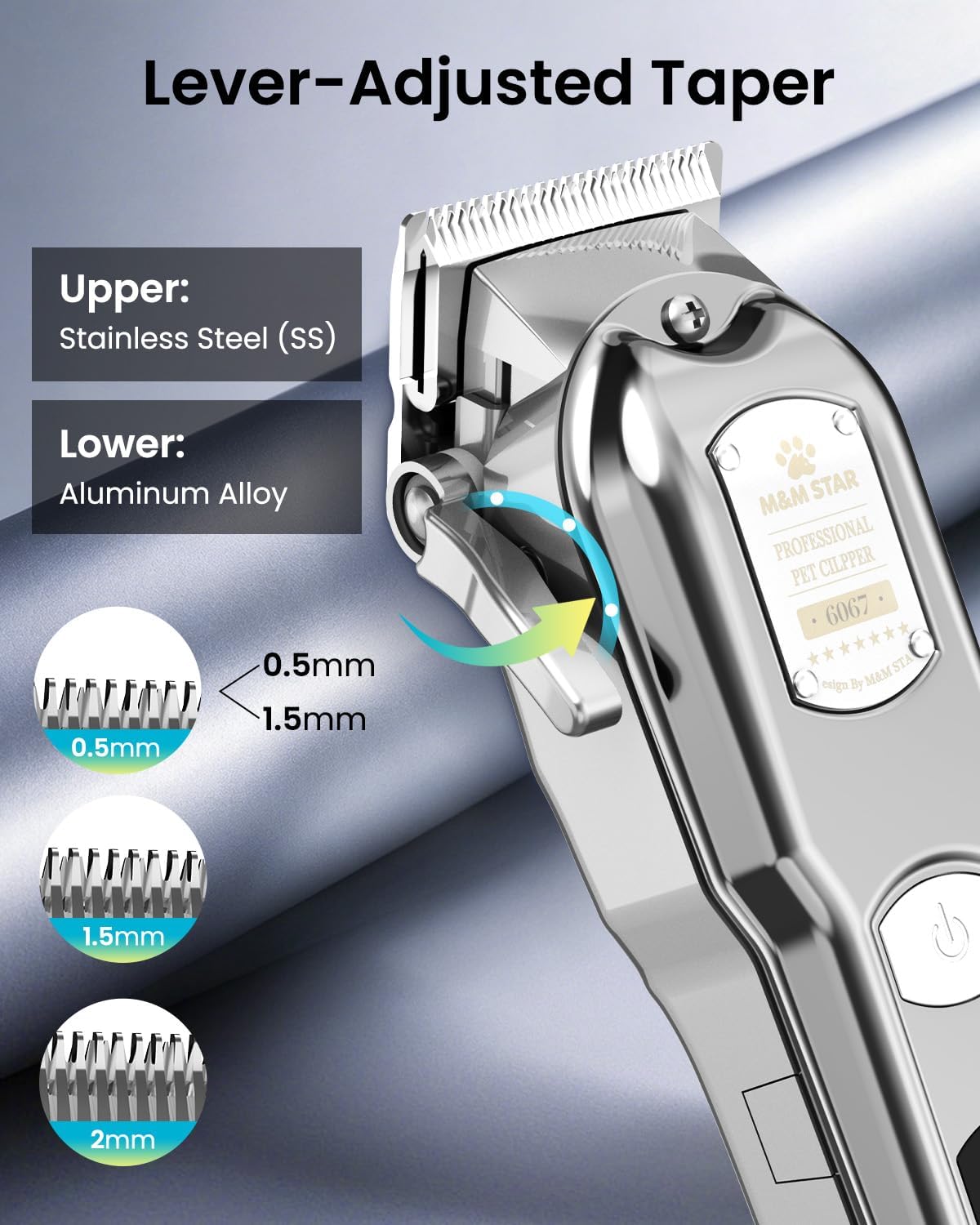 Stainless steel blade close up on the M&M STAR low noise rechargeable dog clipper.