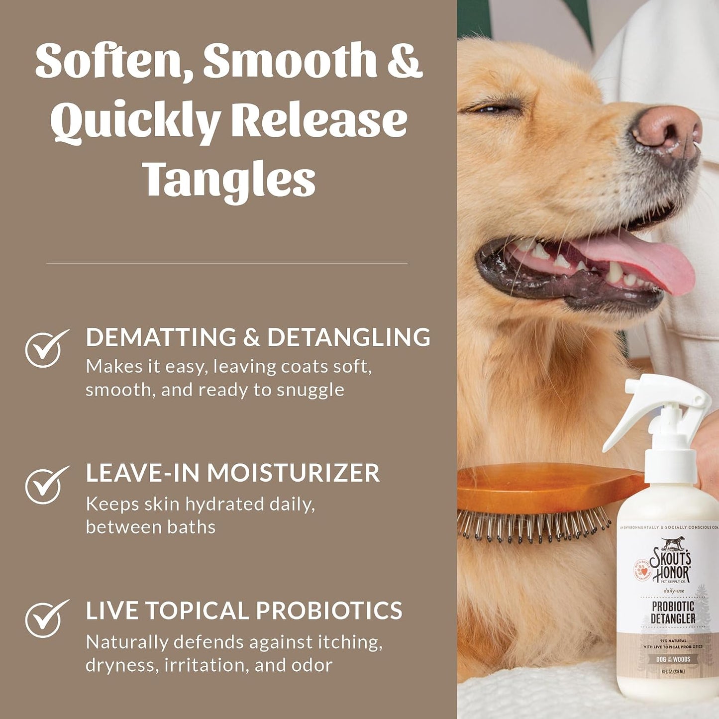 Back label of Skout's Honor probiotic daily use conditioning spray with avocado oil