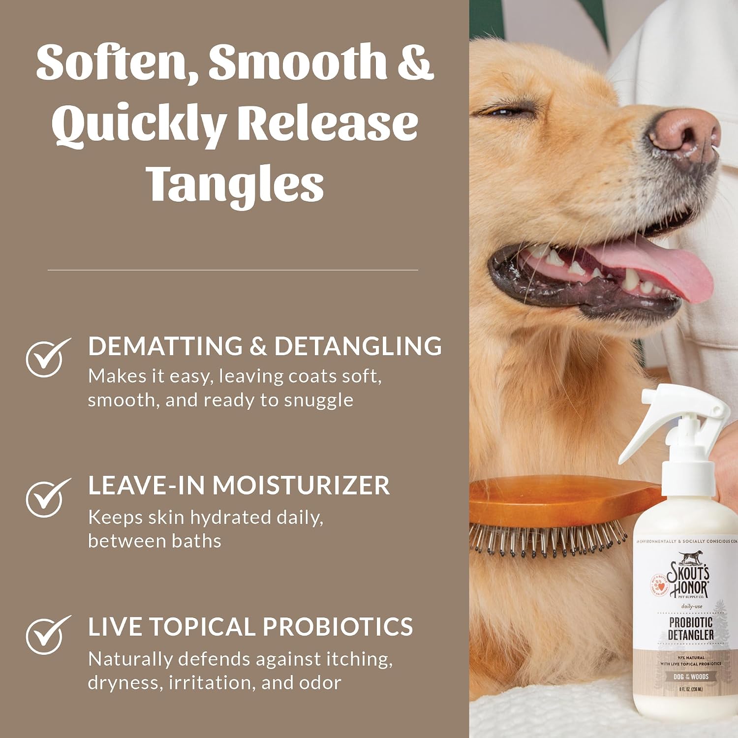 Back label of Skout's Honor probiotic daily use conditioning spray with avocado oil
