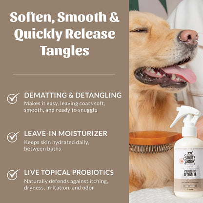 Back label of Skout's Honor probiotic daily use conditioning spray with avocado oil