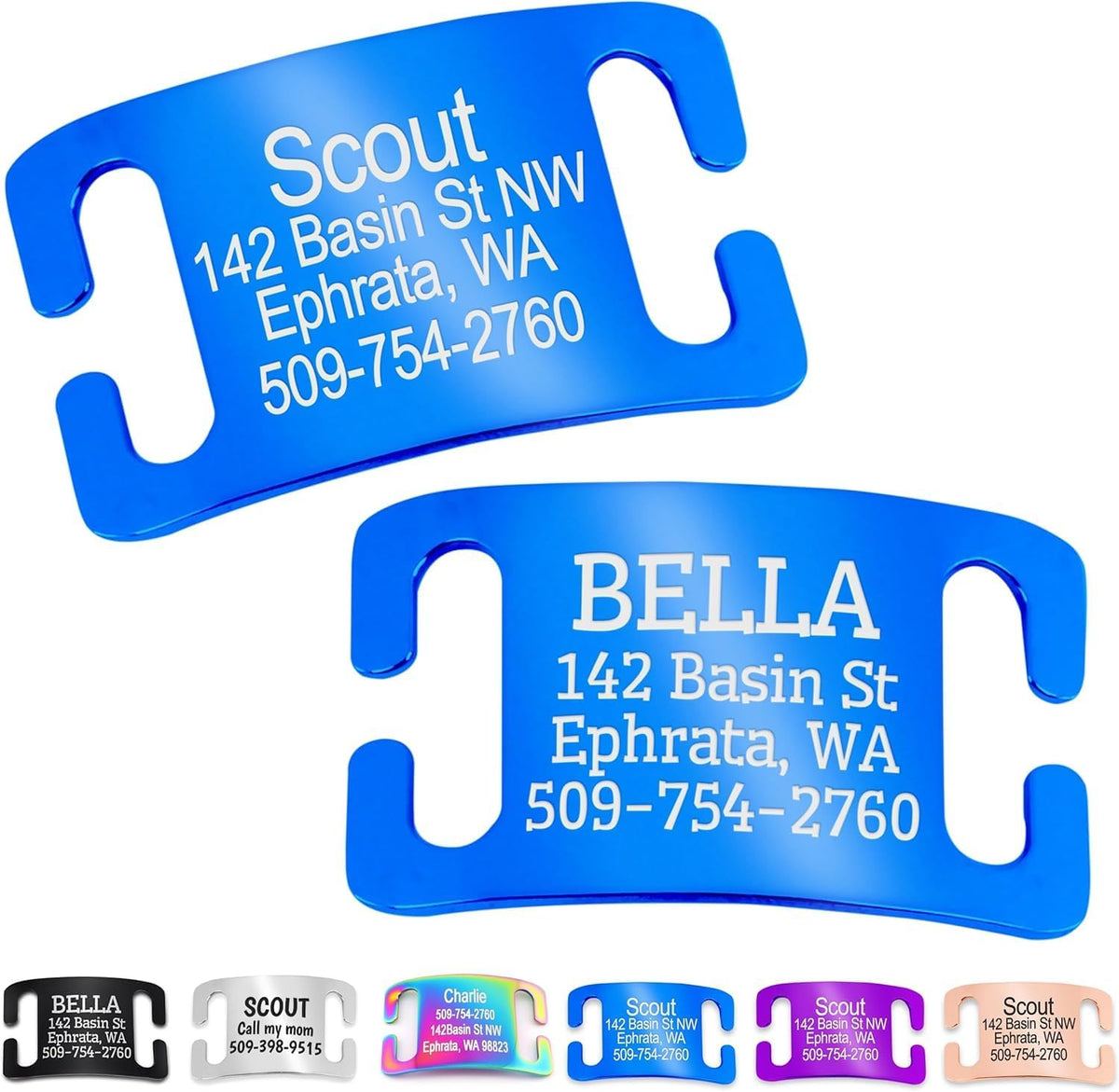 Custom engraved quiet ID tag ready for pet collar installation