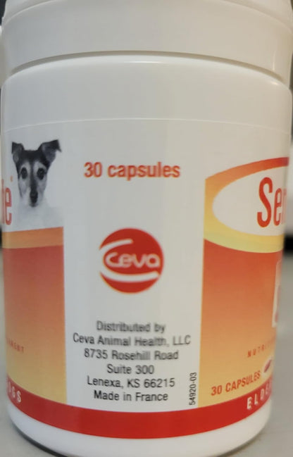 Instructions and dosage information on Senilife dog supplement box