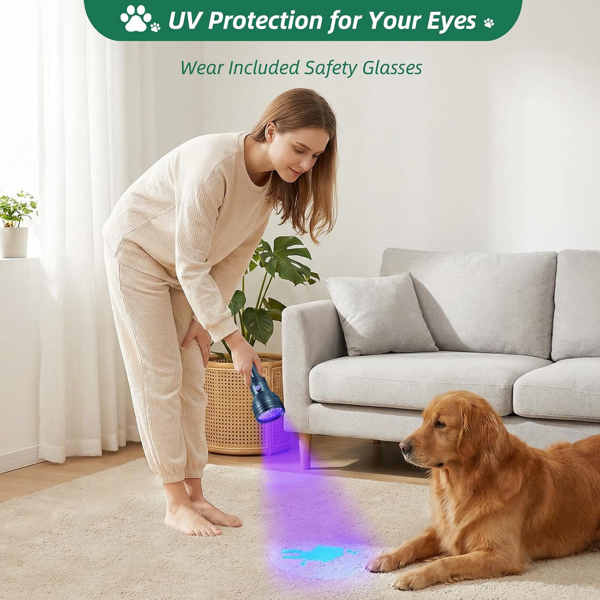 Matte black ultraviolet pet stain detector showing the 51 LED bulb head.