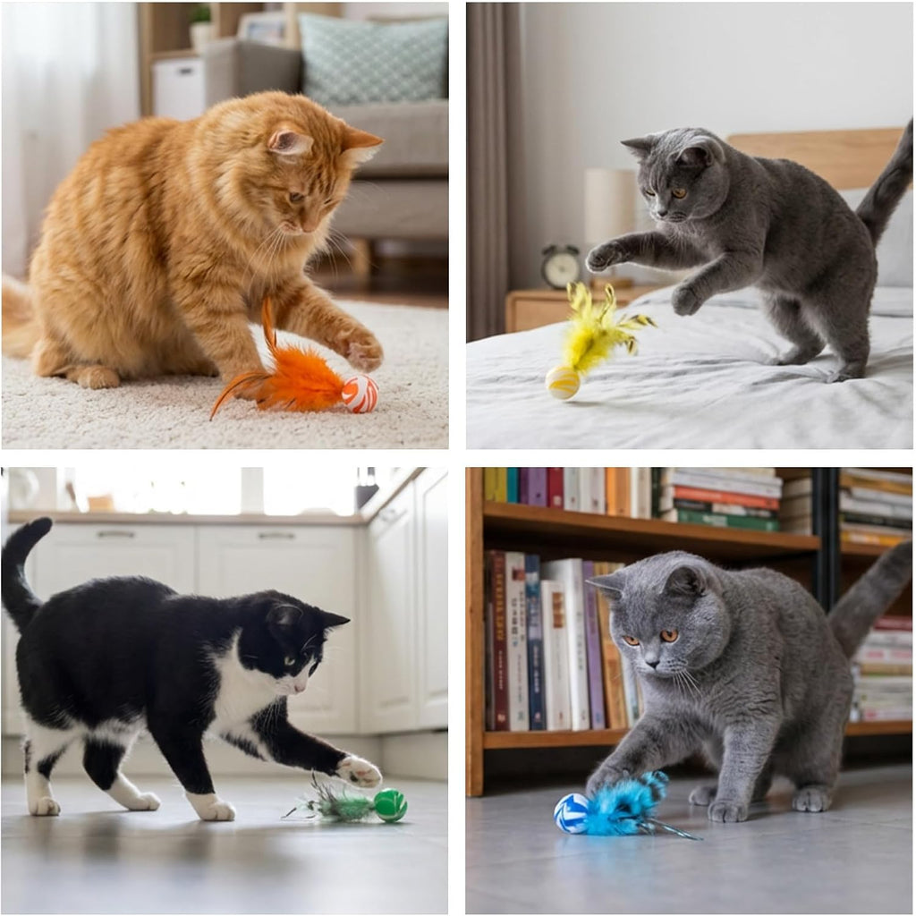 Domestic indoor cat swatting a lightweight bouncing feather toy on a wooden floor.