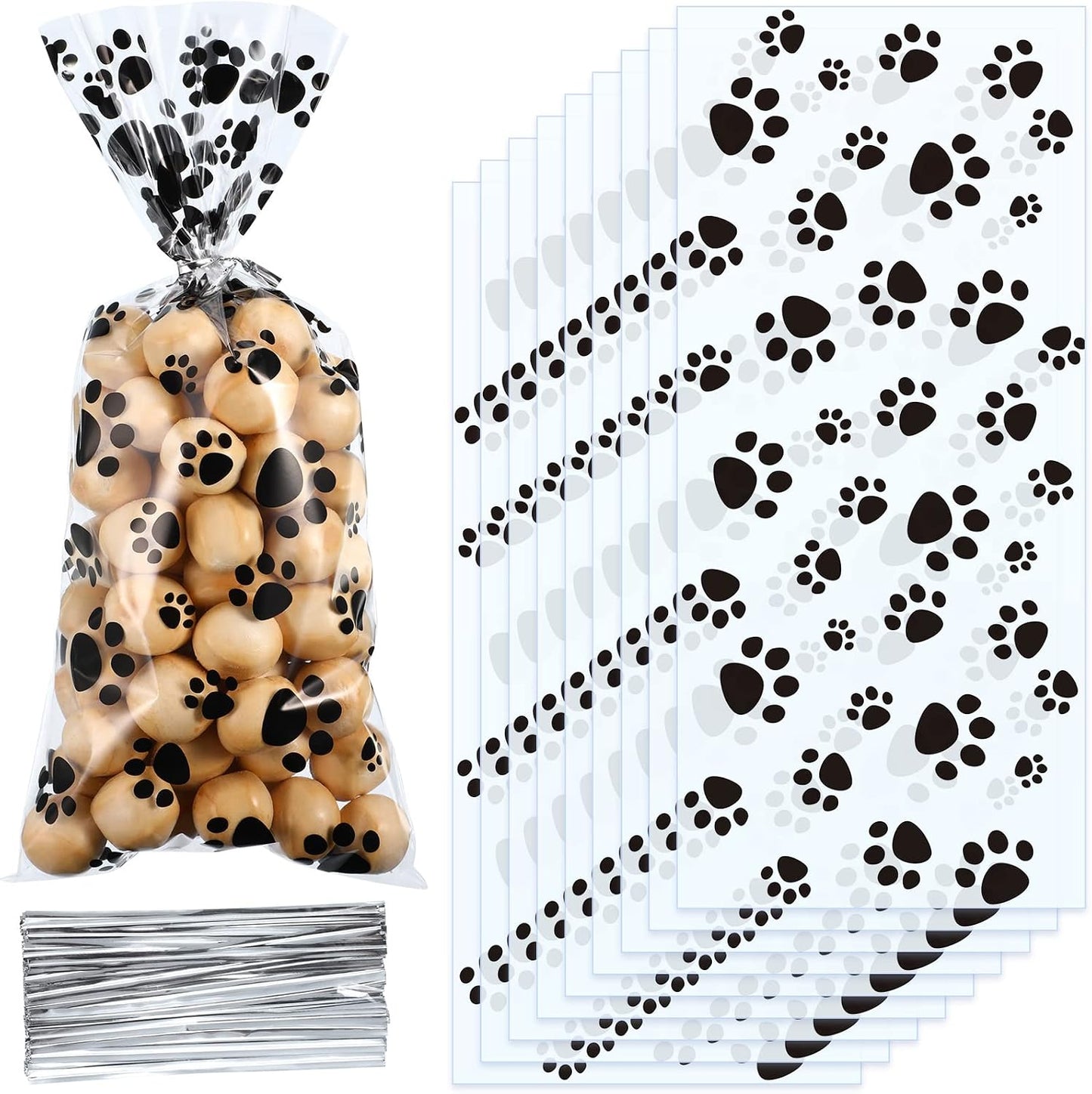 Blulu pet paw print cone cellophane bags with silver twist ties set