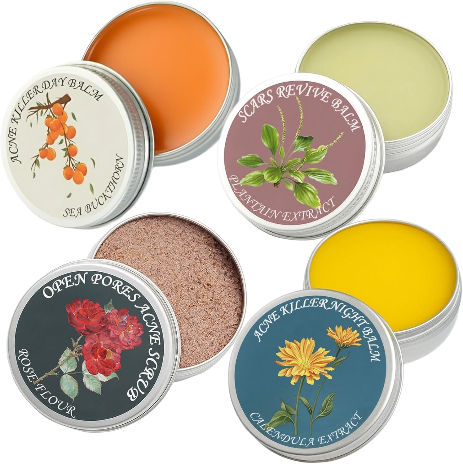 SDXJIOGE Organic Acne And Redness Relief Set front packaging view showing four skincare balms for clear skin