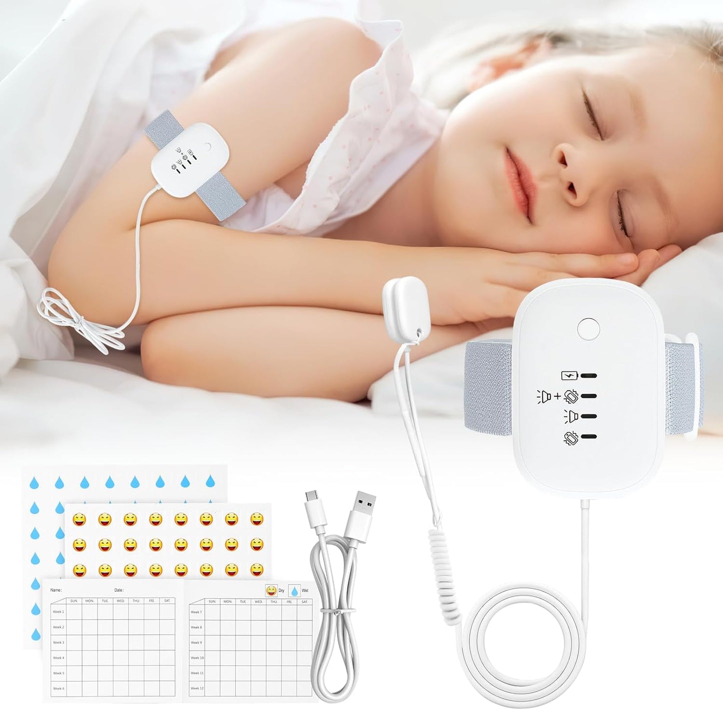 LINGSFIRE Bed Wetting Alarm front view of white wearable device for kids.