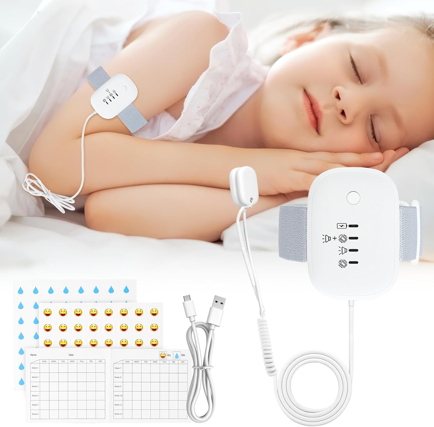 LINGSFIRE Bed Wetting Alarm front view of white wearable device for kids.
