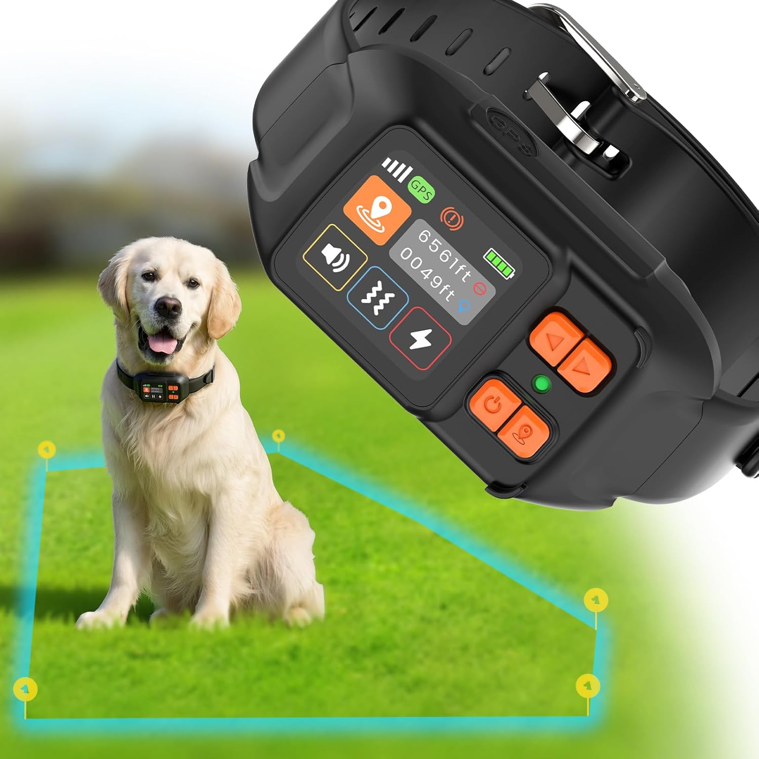 RERBIO GPS wireless dog fence system front view displaying the digital screen and orange control buttons.