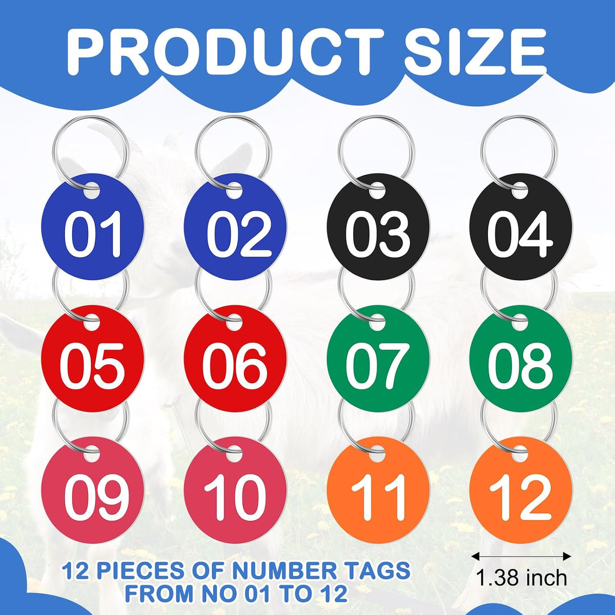 Foilswirl animal management solution showcasing the complete set of twelve multicolor livestock collars and round identification tags.