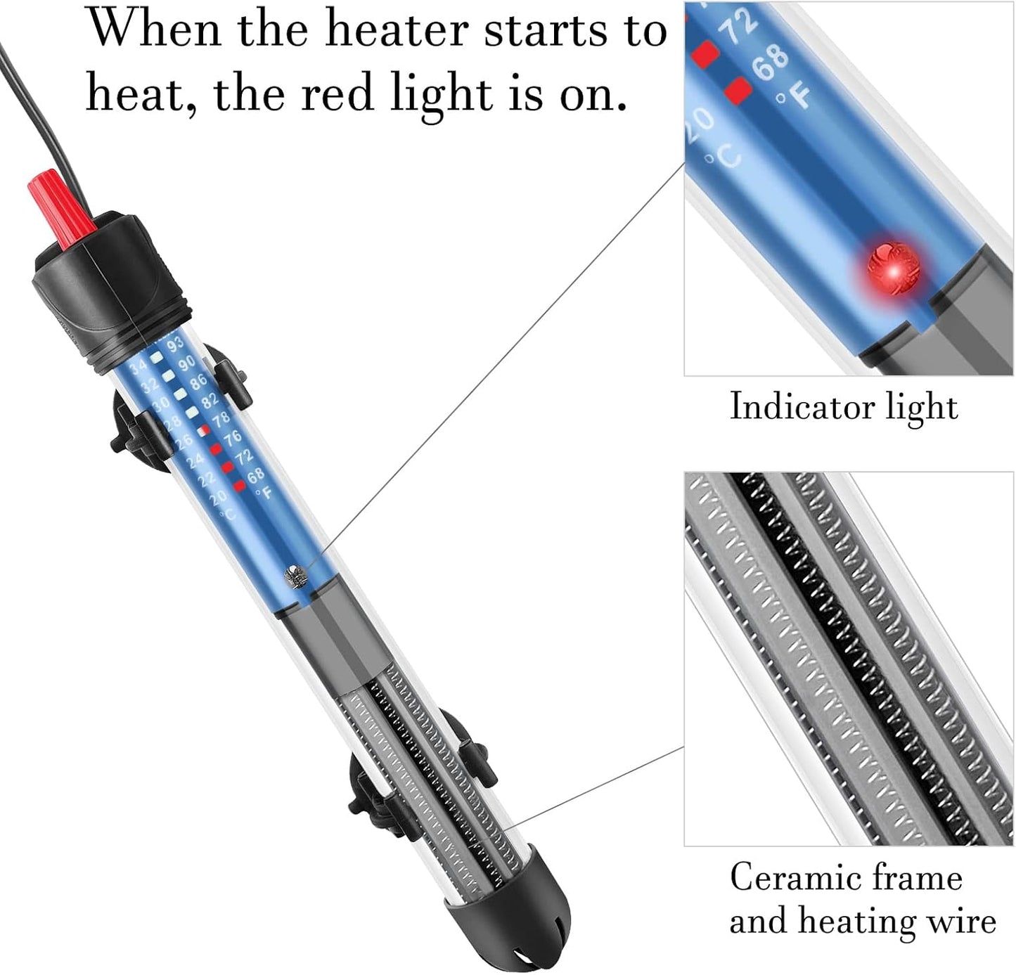 Aquarium heater with included suction cups