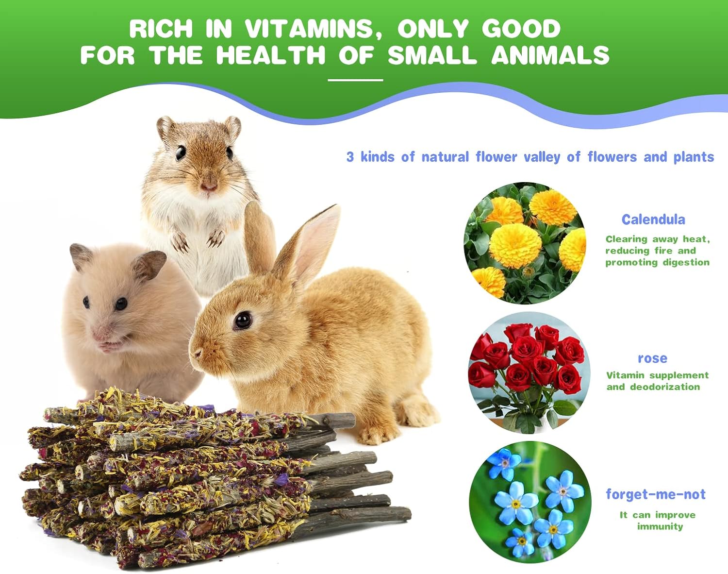 Abizoo 18 piece natural pet molar chews displayed together for guinea pigs and hamsters.