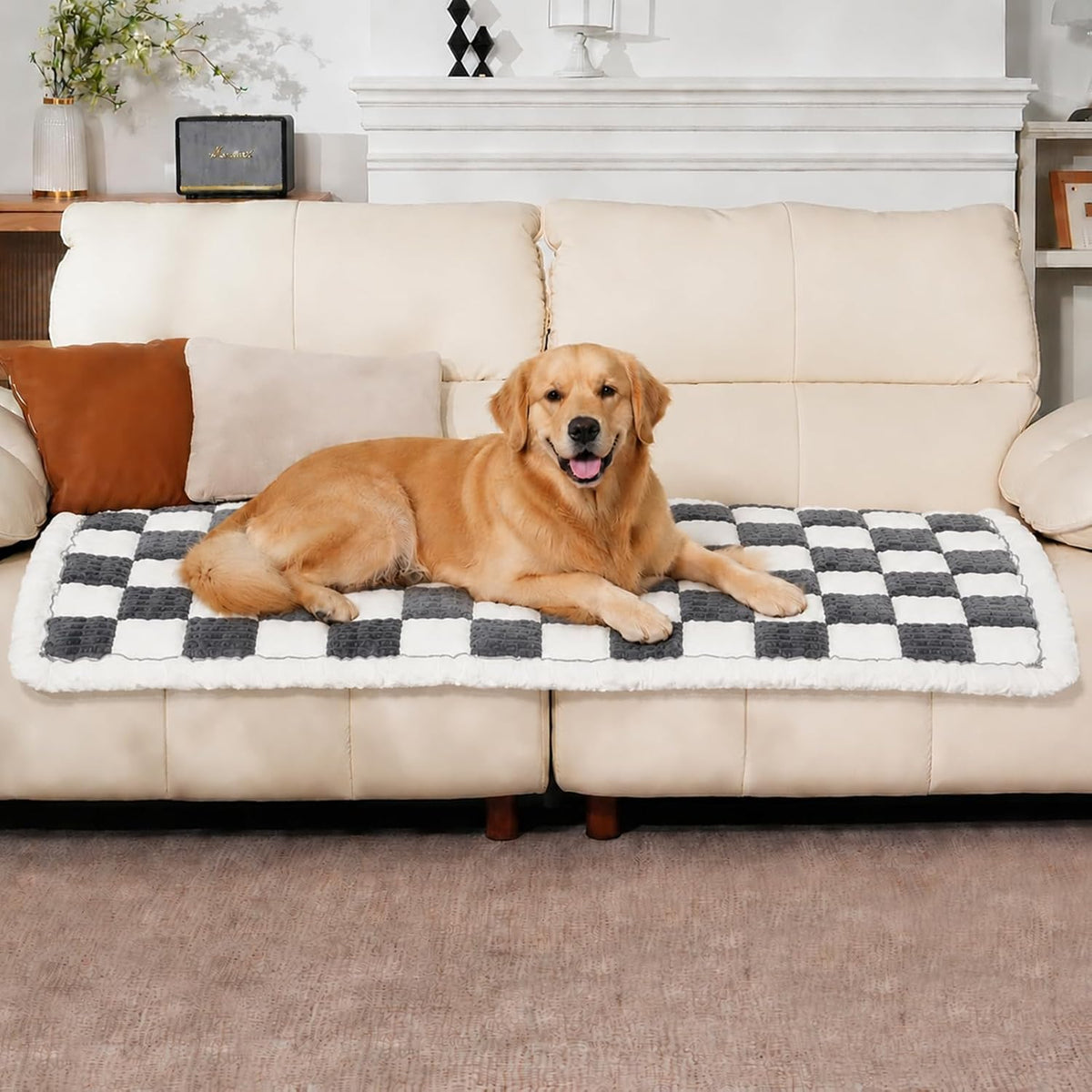 AMZWISE pet couch cover front view placed on a grey fabric living room sofa
