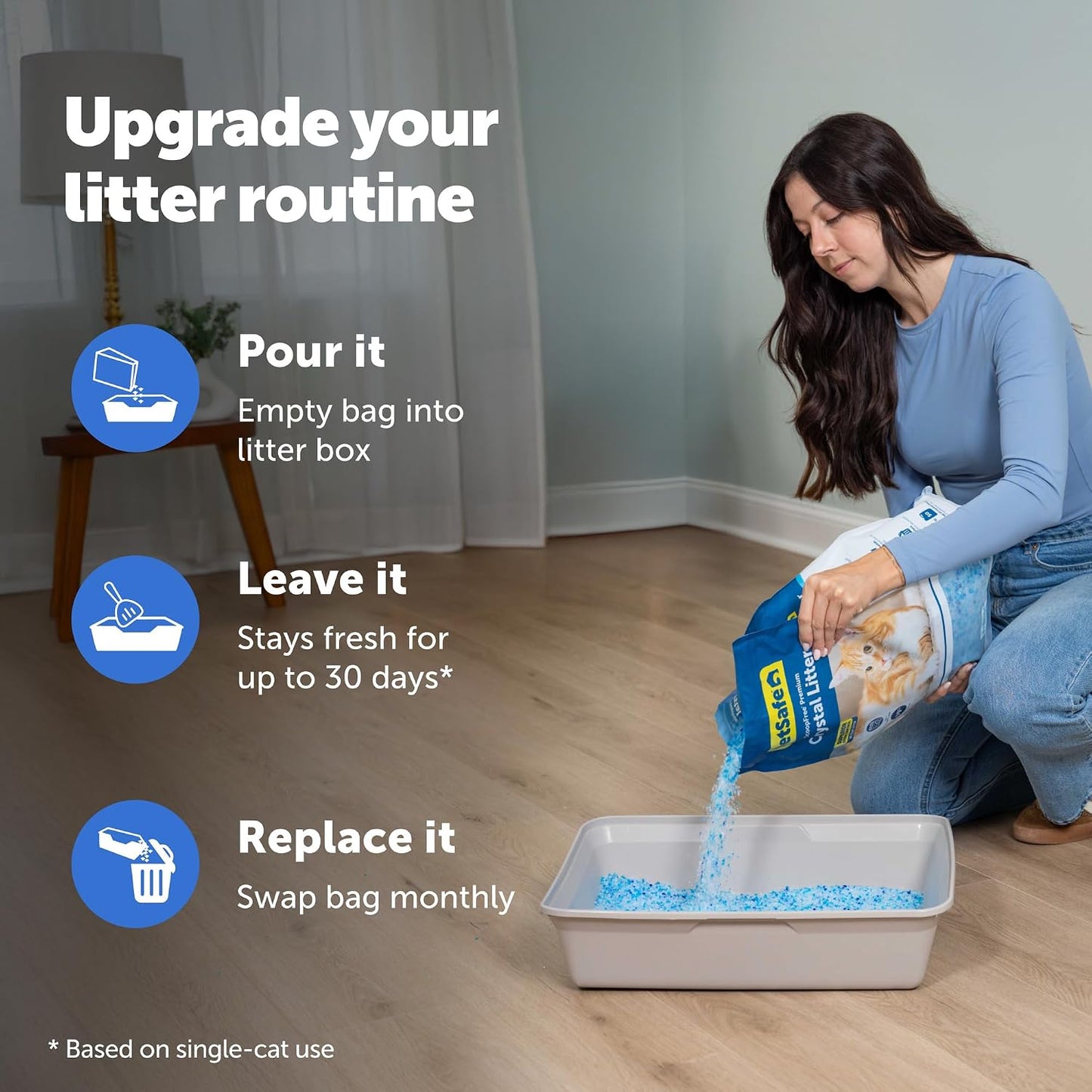 Cat using a litter box filled with PetSafe crystal litter