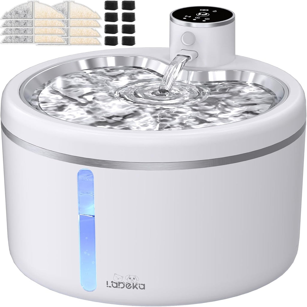 Labeka wireless cat water fountain with stainless steel tray front view