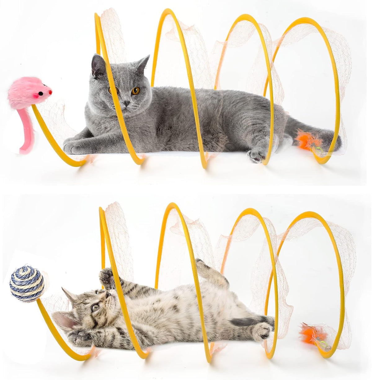 Two-in-one design of the pet tunnel bed being used by an active kitten