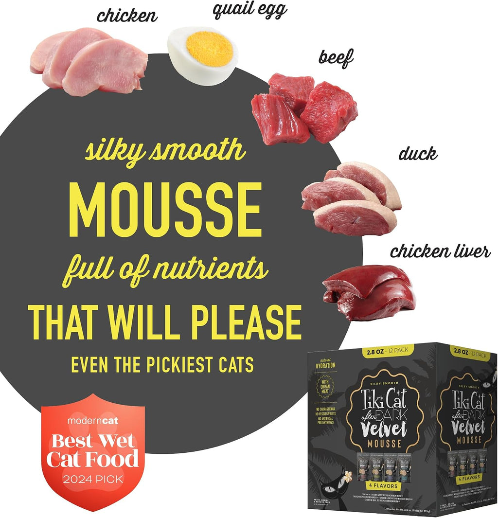 Tiki Cat Velvet Mousse four flavor assortment assortment containing non GMO formulas.