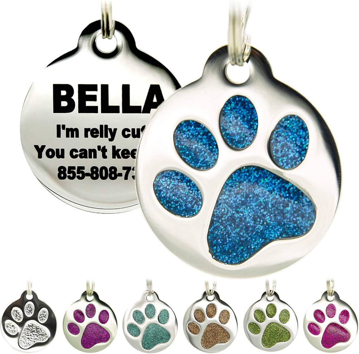 PetANTastic engraved cat tag front view featuring enameled paw print design