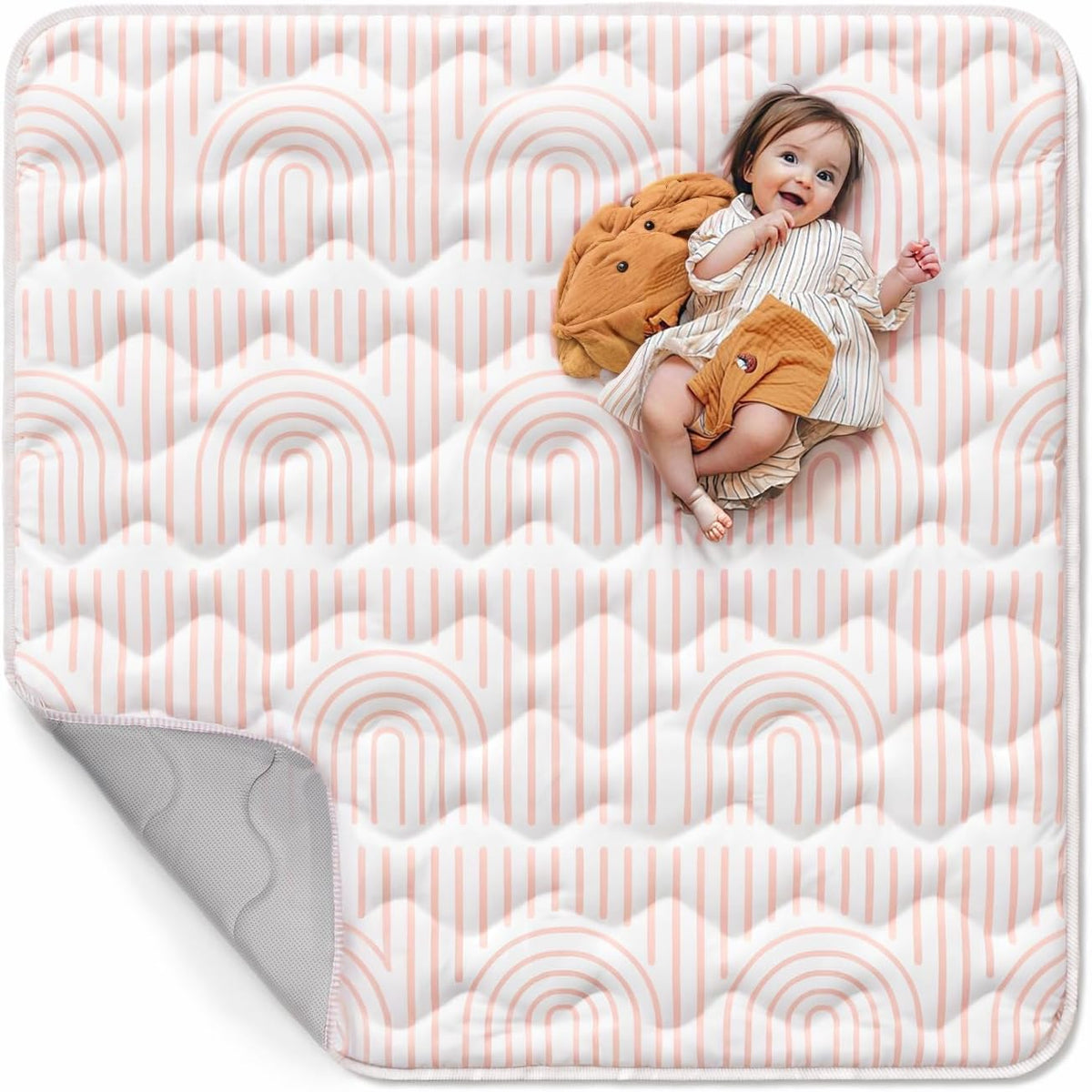 Mallify baby play mat front view showing the pink rainbow pattern