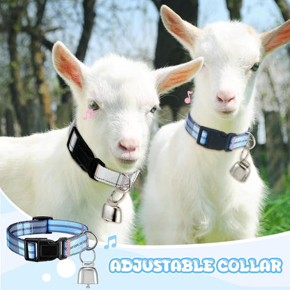 Authentic yeyeplum small farm livestock accessories package including two printed polyester collars and two loud herding brass bells.