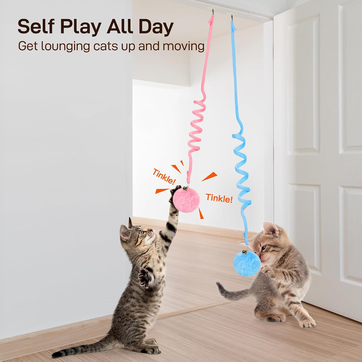 Cat playing with hanging Potaroma toy on door