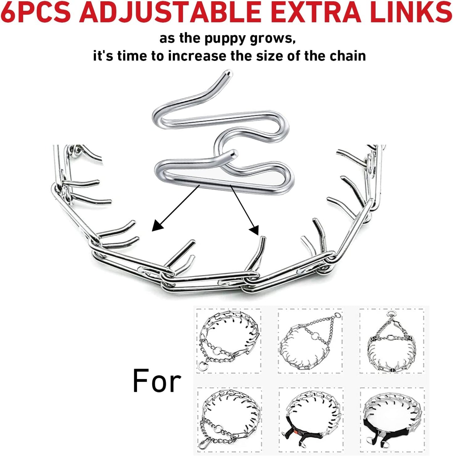 Close-up of 2.5 millimeter stainless steel dog training collar extension links.
